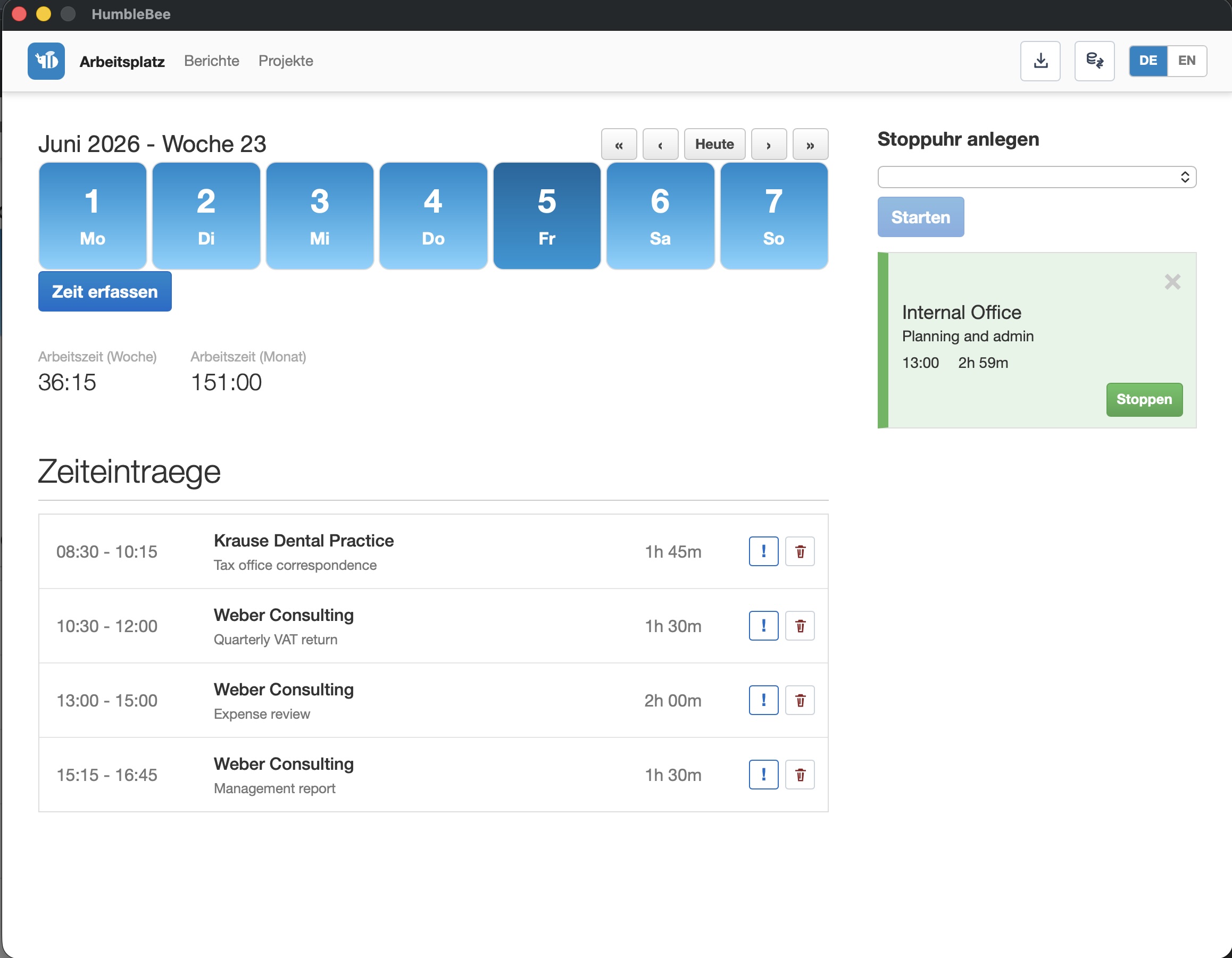 HumbleBee Dashboard mit lokaler Zeiterfassung, Stoppuhren und Wochenarbeitszeit
